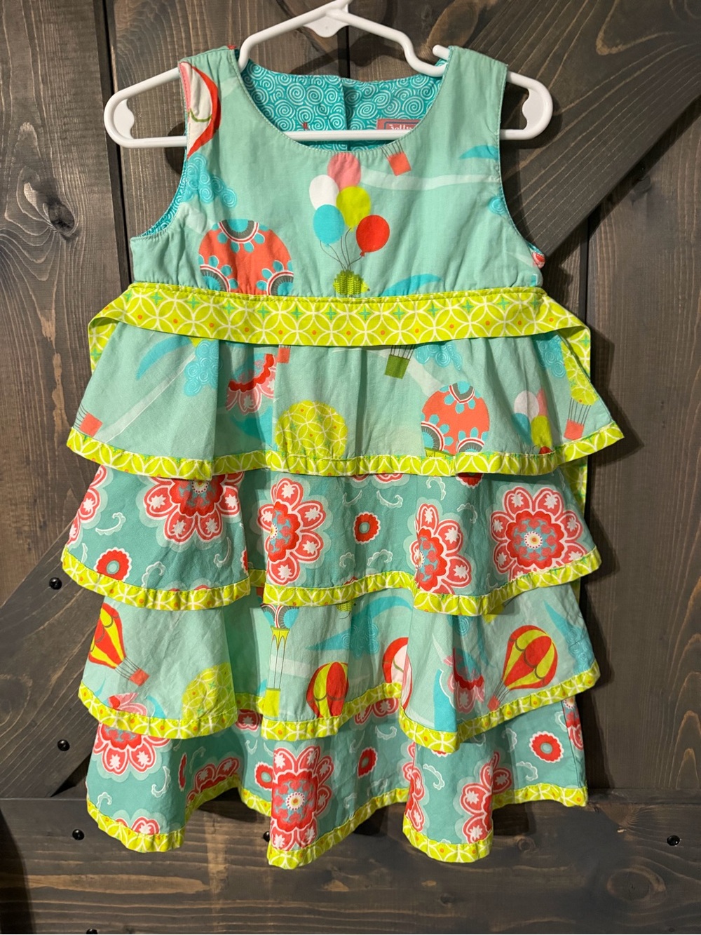 Jelly The Pug Up Up and Away Aqua Tiered Ruffle Dress Balloon & Floral Print